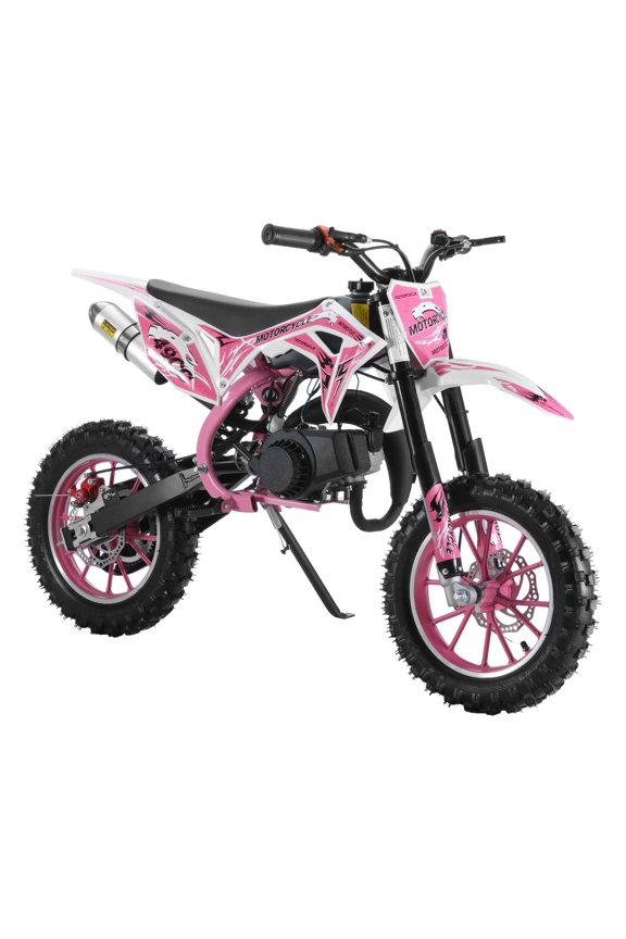49cc 2-Stroke Kids Dirt Bike, Gas Power Motocross, Off Road Mini Motorcycle, Children Pocket Motorbike with Front Rear Disc Brakes, Pull Start(Pink) Clearance Micro horsepower motorcycle