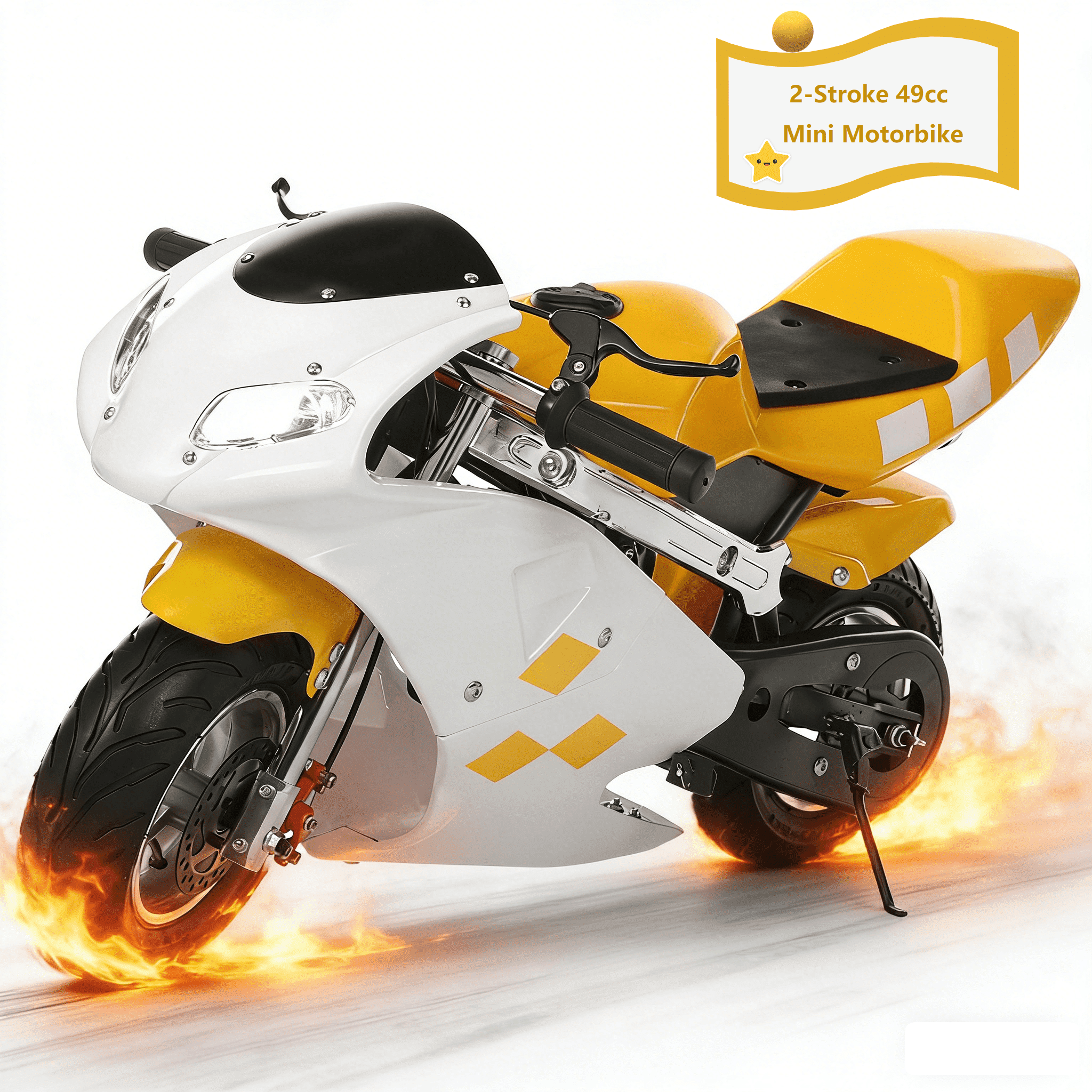 AurumEdge 49cc 2 Stroke Pocket Bike for Kids, Gas Motorbike,Mini Motorcycle,Racing Max Speed 20Mph Mini Dirt Bike, Dual Headlights 1.25L Gas Tank, Max Load 170lbs White & Yellow