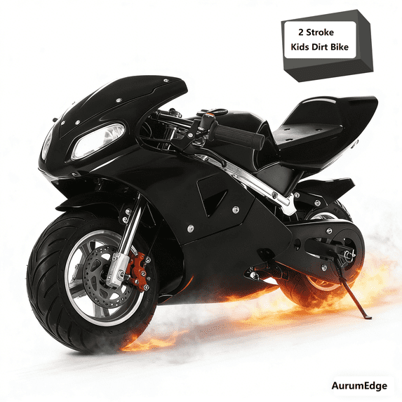 AurumEdge 49cc 2 Stroke Pocket Bike, Pocket Rocket Motorcycle, Gas Pocket Motorbike with Strong Dual Brake, Dual Headlights for Kids 7 Years and Over (Black)