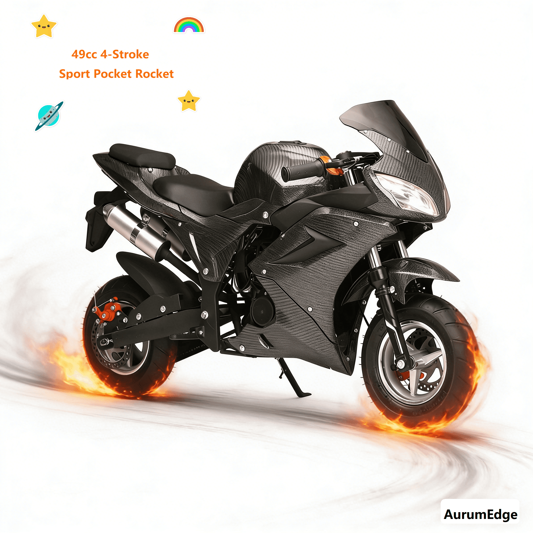 AurumEdge 49cc 4-Stroke Pocket Rocket Motorcycle,Dirt Bike Mini Bike Gas Pocket Motorbike with Front Rear Disc Brakes Racing Max Speed 25MPH,Mini Bike Max Weight 200Kg Black