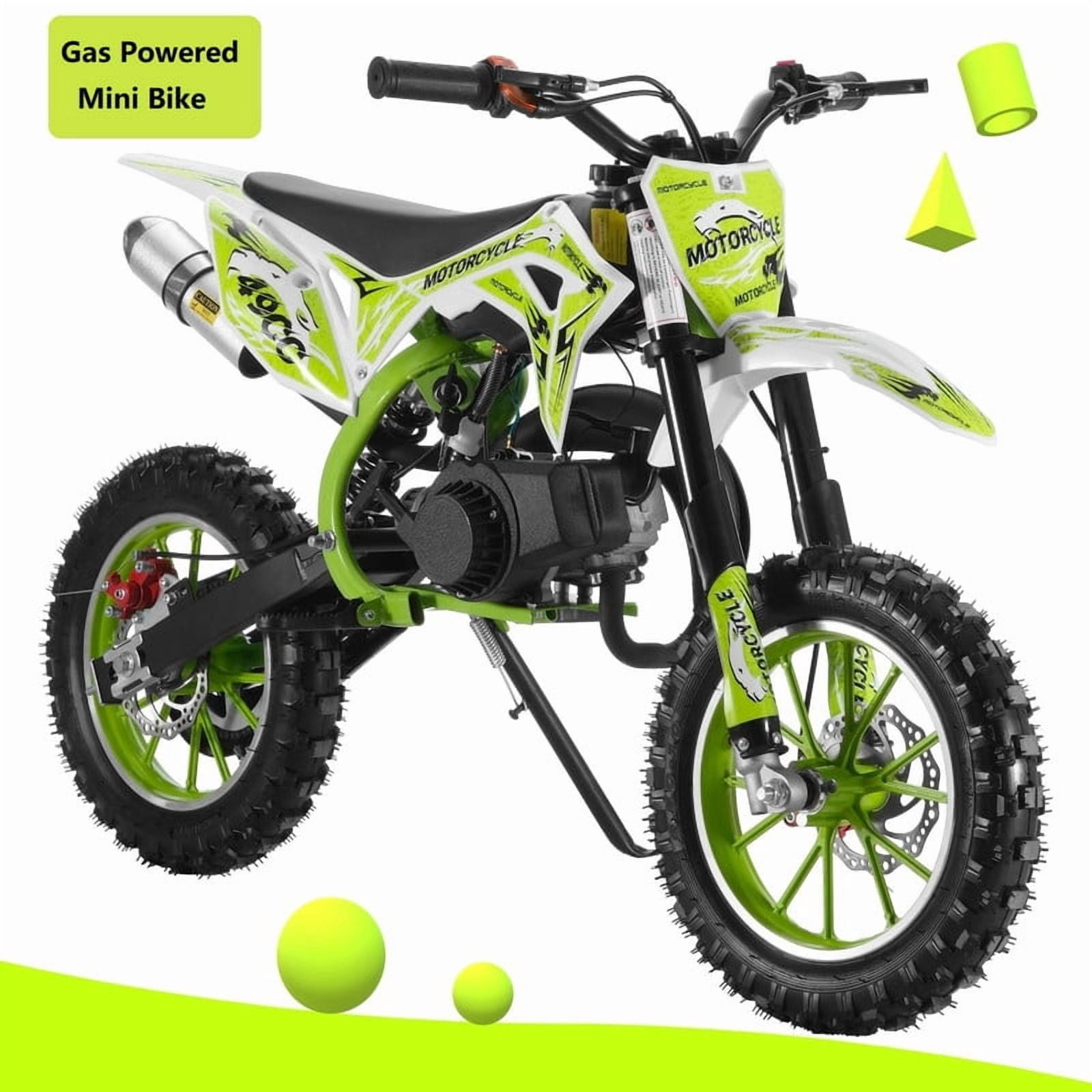 AurumEdge 49cc Kids Dirt Bike, 2-Stroke Gas Powered Mini Motocross Motorcycle, Up to 25 Mph, Off-Road Dirtbike with Front/Rear Disc Brakes, Shock Absorption & Soft Seat Cushion Green
