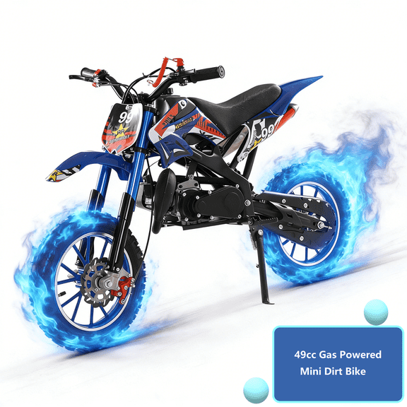 AurumEdge 49cc Kids Dirt Bike - 2-Stroke Mini Motorcycle with Front and Rear Disc Brakes, Motorcycles for Kids Gas, Shock Absorption, Soft Seat Cushion and Off Road Tires for Kid and Teen Blue