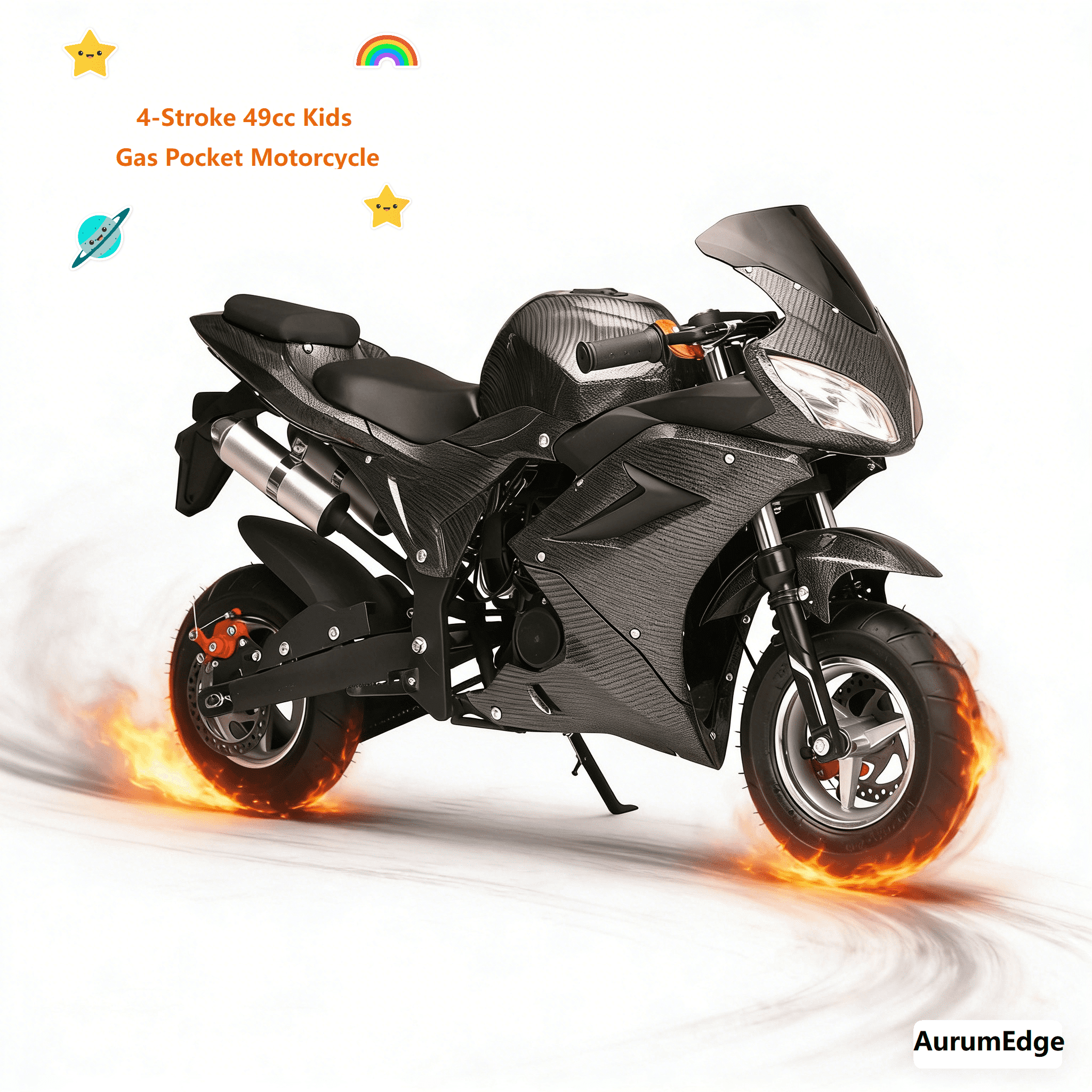 AurumEdge 49cc Motorcycle for Kids,4-Stroke Pocket Rocket Motorcycle,Trail Mini Dirt Bike Toy with Front Rear Disc Brakes,Dual Headlights Pocket Gas Motorbike, 6.5 Inch Wheels Mini Motorcycles Black