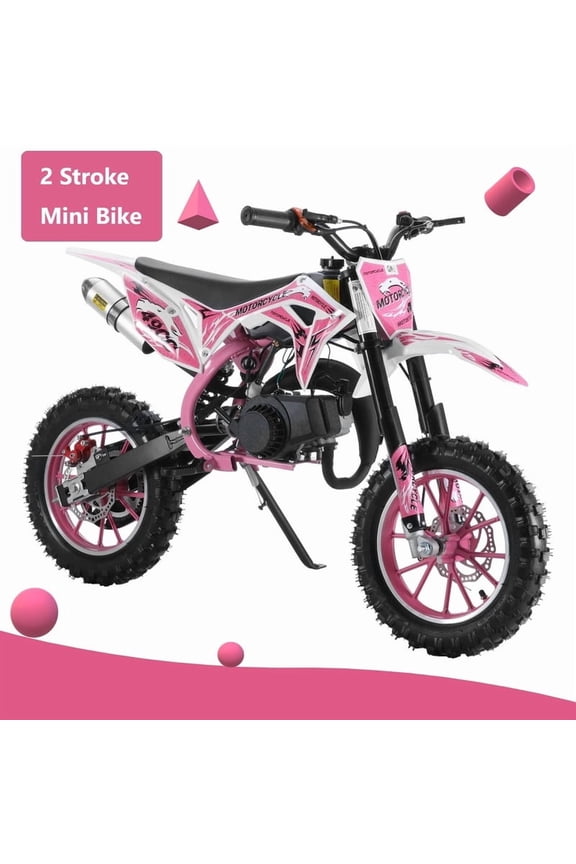 49cc Pink Dirt Bike for Kids, Gas Powered 2 Stroke Mini Motorcycle with Pull Start, 25Mph High Speed, Front Rear Disc Brakes, Motocross Pit Bike for Boys and Girls Pink