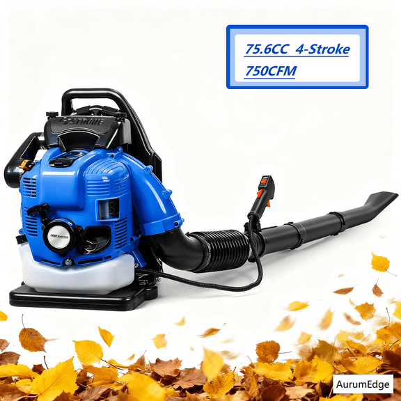 AurumEdge 75.6CC Leaf Blower, 4-Stroke Backpack Gas Powered Leaf Blower, Snow Blower Leaf Blower for Lawn Care Yard Dust Debris (Blue)
