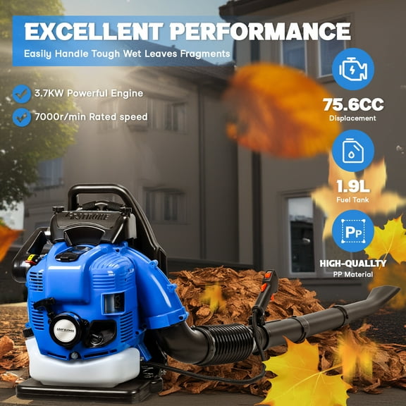AurumEdge 75.6cc 4-Cycle Backpack Leaf Blower with 750 CFM, 205MPH,2.6kw/7000r/Min Powerful Leaf Blower Cordless Ergonomic Lawn Care Yard Dust Debris (Blue)