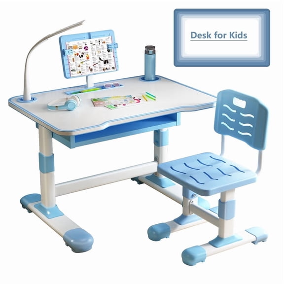 AurumEdge Adjustable Kids Desk & Chair Set with LED Lamp, Height Adjustable Study Desk, Tiltable Reading Stand, Spacious Storage Drawer, Living Room Bedroom Children Learning Table Blue