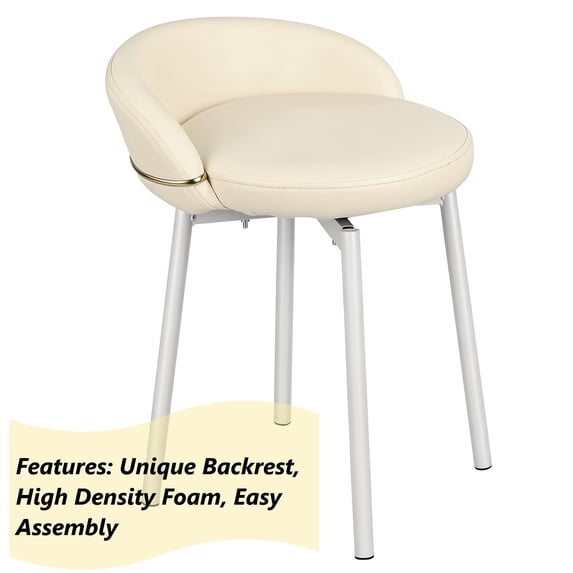 AurumEdge Cute Vanity Chair with Gold Bese, Makeup Desk Chair with Low Back for Small Space, Leather Modern Vanity Stool for Bedroom Dress Room, White(Non-rotatable)