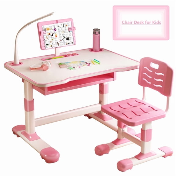 AurumEdge Kids Desk and Chair Set, Height Adjustable Children School Study Desk with Tilt Reading Stand, LED Lamp, Storage Drawer for Boys Girls, Pink