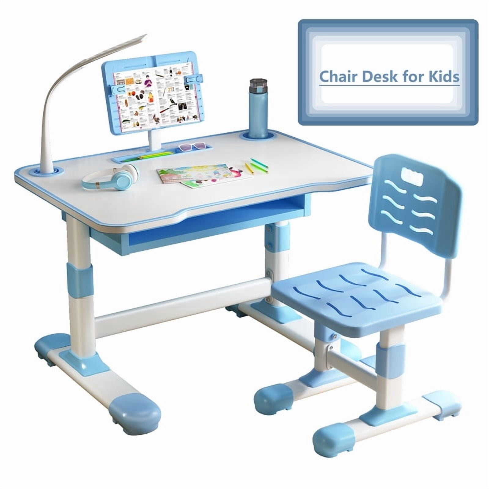 AurumEdge Kids Desk and Chair Set, Height Adjustable Kids Study Desk Chair Toddlers Writing Table with Tiltable Reading Stand, Bedroom Children Learning Table with Extra Large Drawer Blue