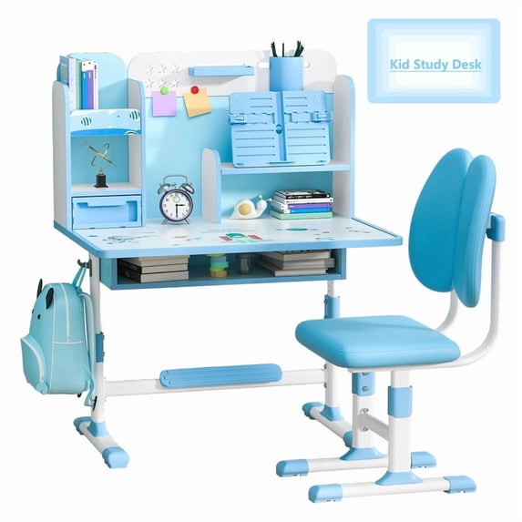 AurumEdge Kids Desk and Chair Set, Ergonomic Height Adjustable Student Desk with Storage, Blue