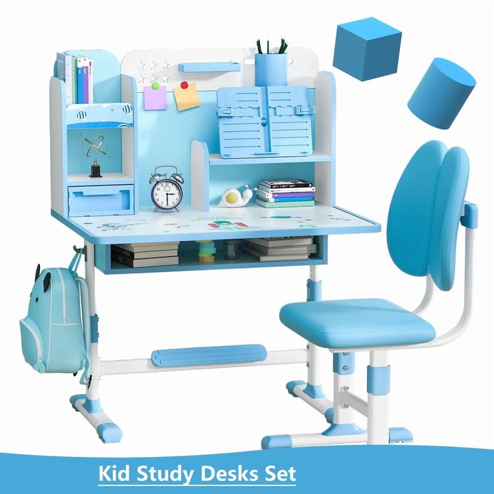 AurumEdge Kids Desk and Chair Set, Height Adjustable Kids Art Desk, Ergonomic Study Table for Kids, Drawer, Bookshelf, Spacious Table for Kids Blue
