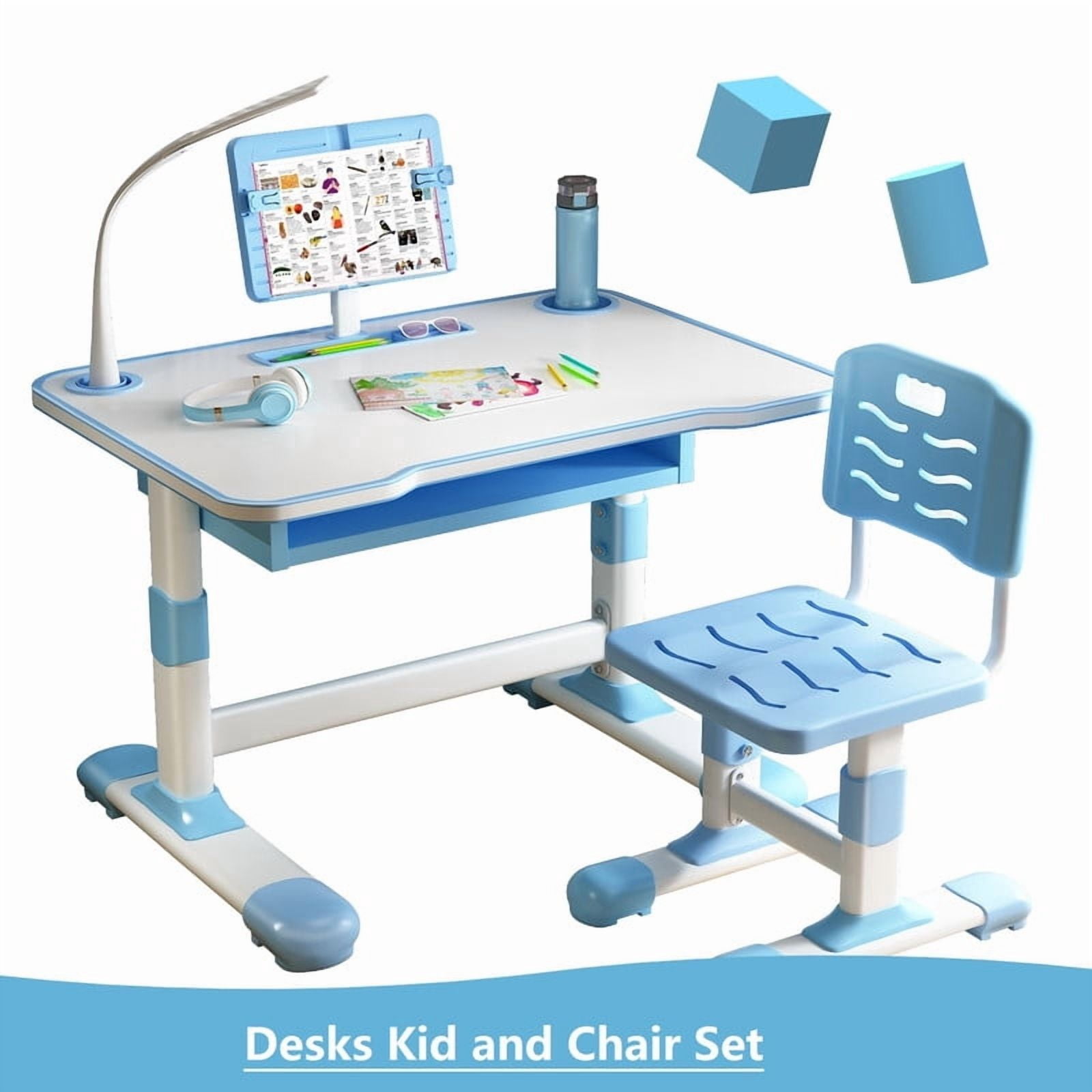 AurumEdge Kids Desk and Chair Set, Height Adjustable Kids Desk with Storage Drawer, Reading Stand and Holes for Lamp, Table for Kids(Blue)