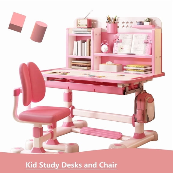 AurumEdge Kids Desk and Chair Set, Height Adjustable Kids Study Desk with Widened Tabletop, Spine Protect, for Boys & Girls 3+ (Pink)
