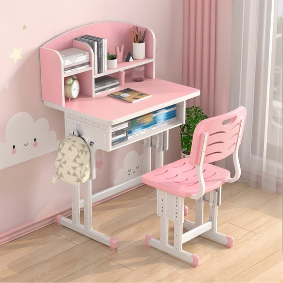 AurumEdge Kids Desk and Chair Set,Height Adjustable with Pull Out Drawer Storage,Pink