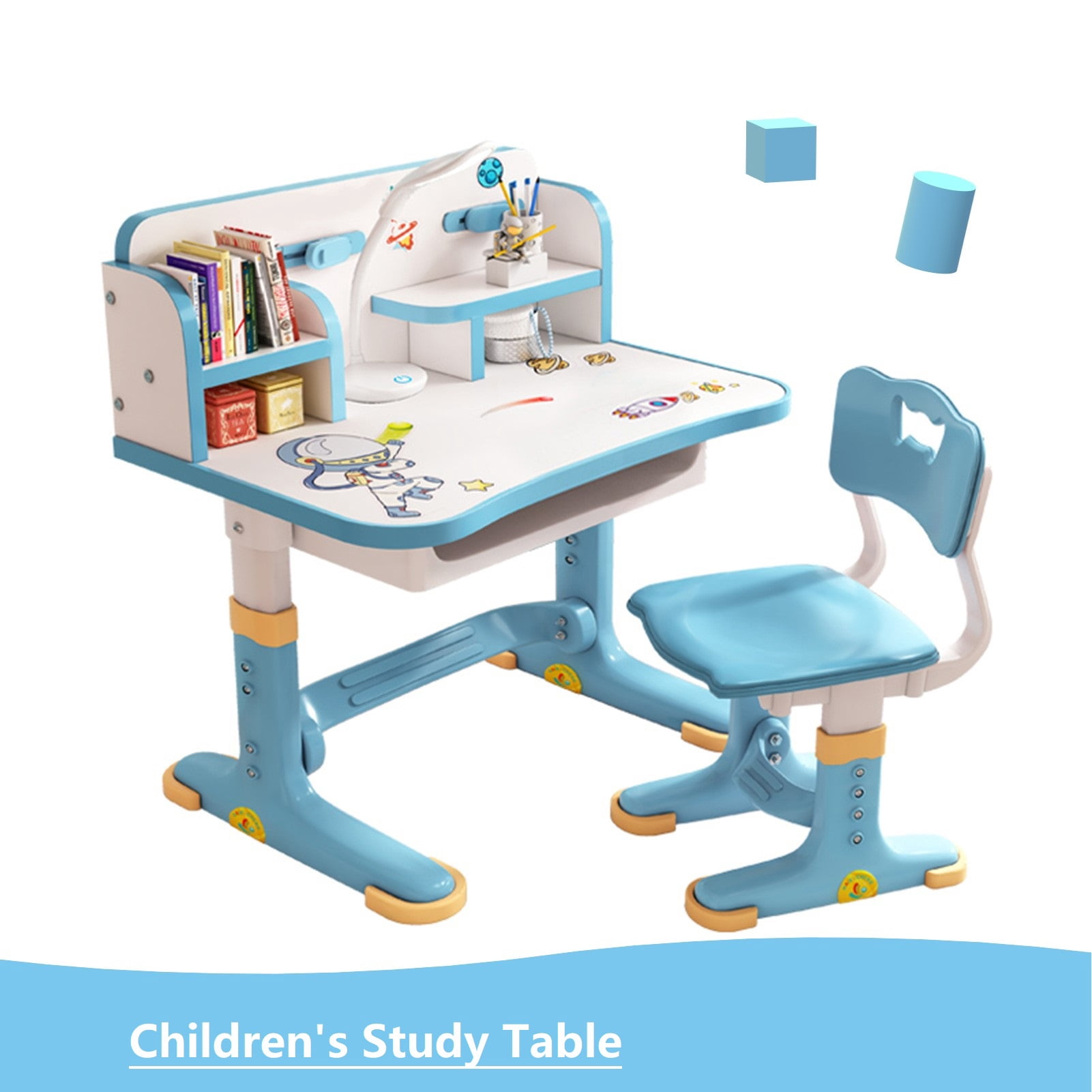 AurumEdge Kids Functional Desk and Chair Set, Height Adjustable Children School Study Table Chair Set with Cartoon Pattern, Ergonomic Desk Chair with Large Writing Board, Bookshelf(Blue)