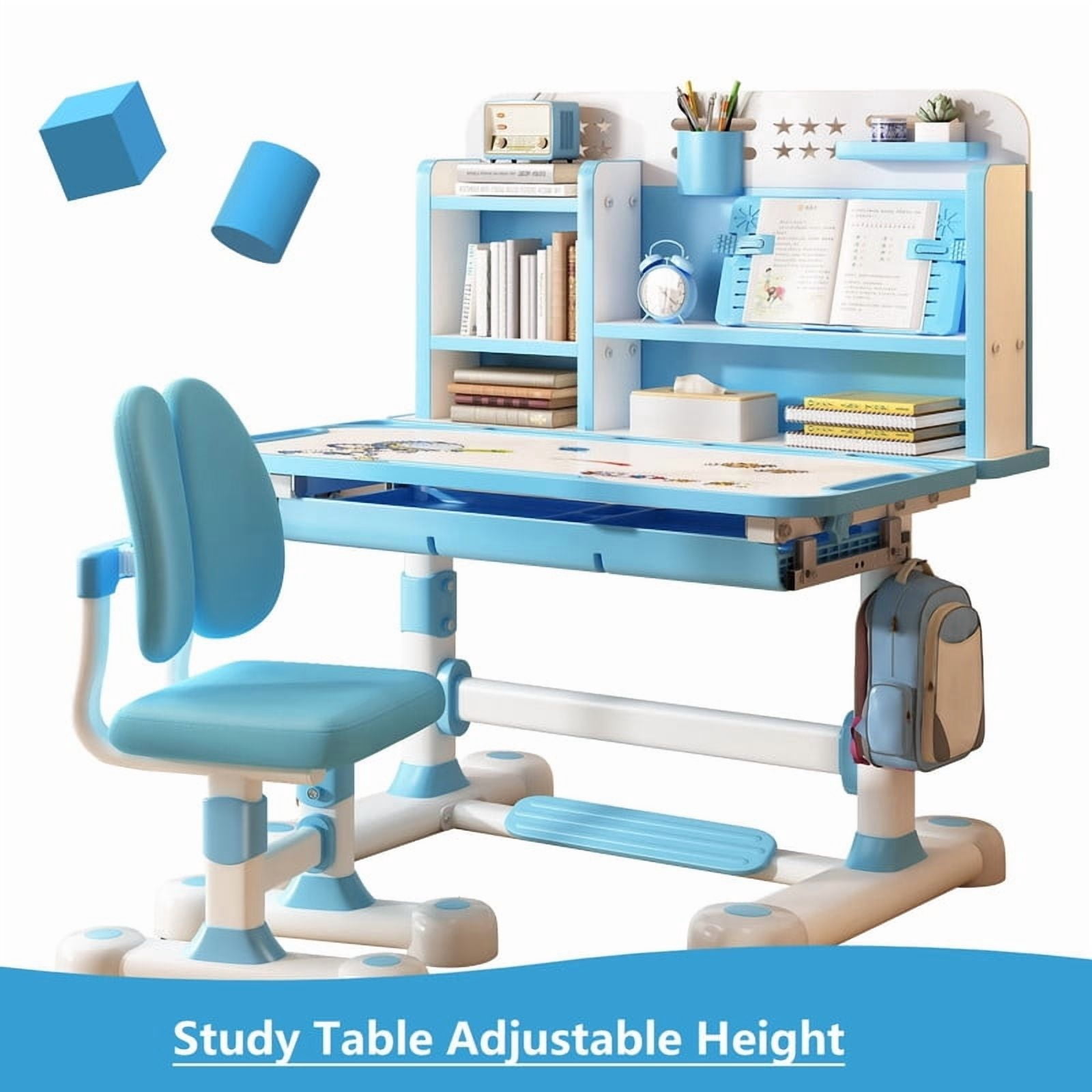 AurumEdge Kids Study Desk with Chair - Height Adjustable Children School Study Table Chair Set, Kids Homework Desk with Tiltable Desktop for Bedroom 8-12, Blue