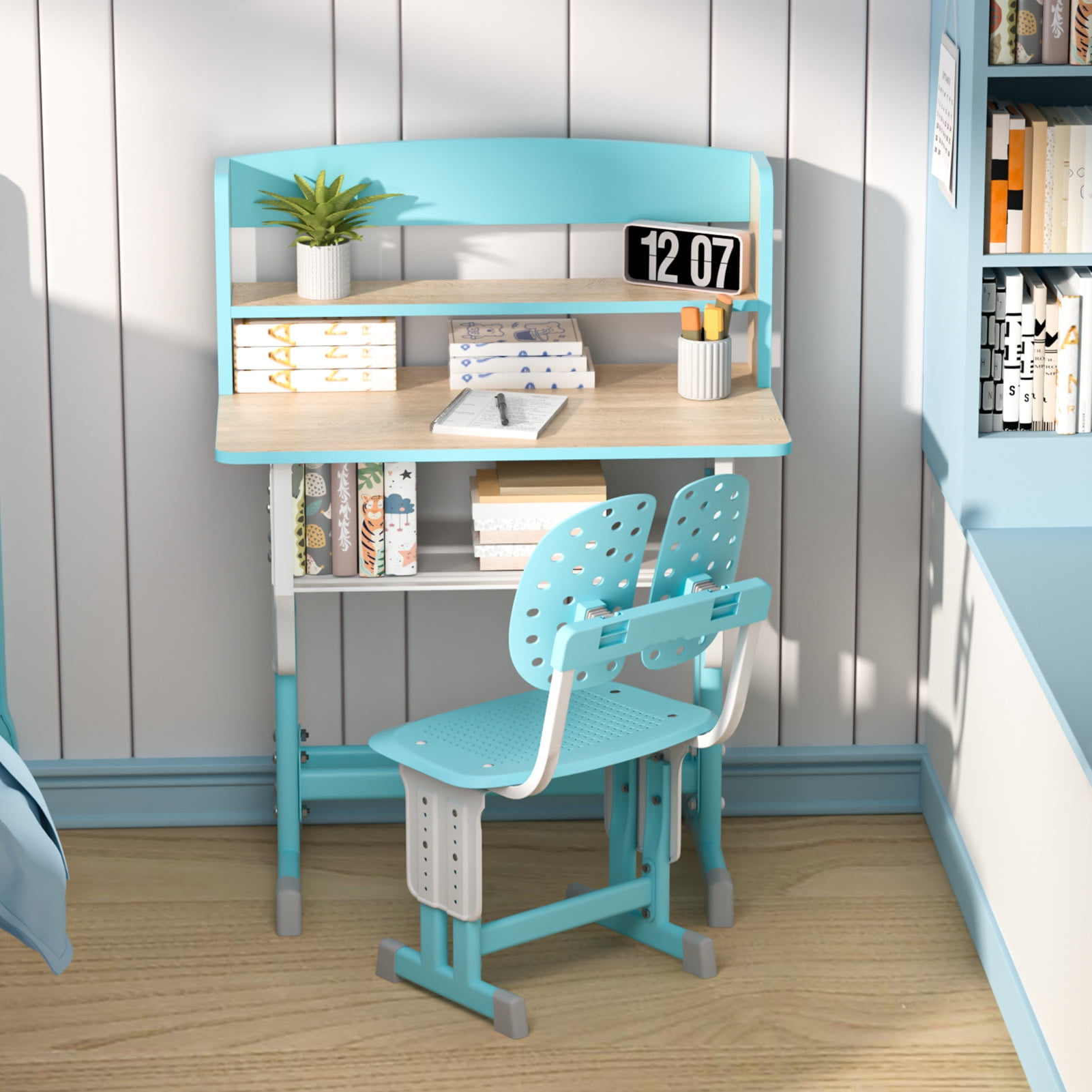 AurumEdge Kids Study Desk and Chair Set, Liftable School Leaning Table Chair Set with Drawer Design, Children Desk Chair Set with Dual Partition Book Stand, Backpack Hook, Cup Holder
