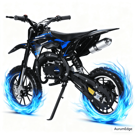 AurumEdge Motorcycle, 49CC Kids Dirt Bike, 2-Stroke Gas Powered Bule Off Road Dirt Bike for Kids, Max Load 150 Lbs, with Shock Absorption Pocket Motorbike Blue