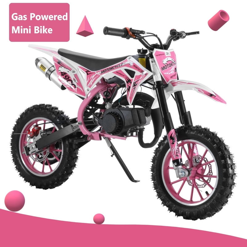 AurumEdge New 49cc Kids Dirt Bike 2 Stroke, Gas Powered Dirt Bike, Speeds up to 40km/h, Mini Kids Dirtbike, Gasoline Motorcycle with Front Rear Disc Brakes, Ideal for Children Pink