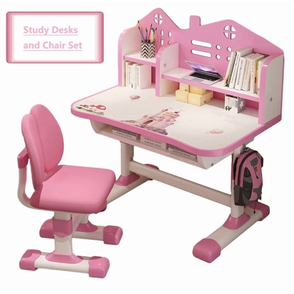 AurumEdge Small Desk, Desk Chair Set, Widened Desktop Multi Separation Cartoon Pattern Kids Adjustable Height Study Table with Drawer Chair(Pink)