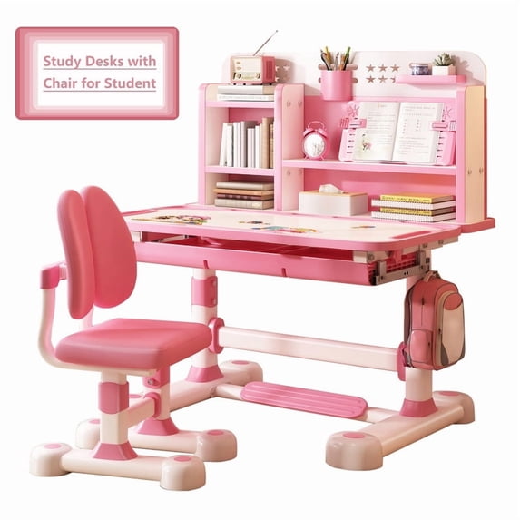 AurumEdge Small Desk, Kids Study Desk Chair Set, Ergonomic Desk Chair with Sitting Corrector, Height Adjustable Children School Study Table Chair Set, with Book Stand, Foot Pedal(Pink)