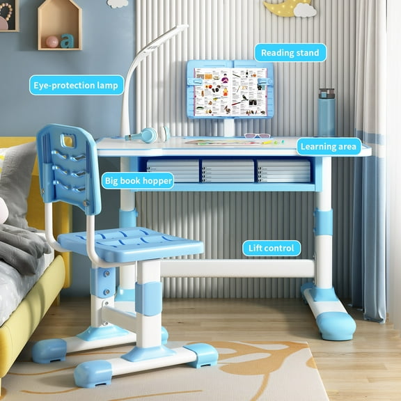 AurumEdge Student Desk and Chair Set Height Adjustable Child Desk, Multi-Function Study Desk and Chair for Writing, Reading and Drawing, with Tiltable Reading Stand LED Table Light