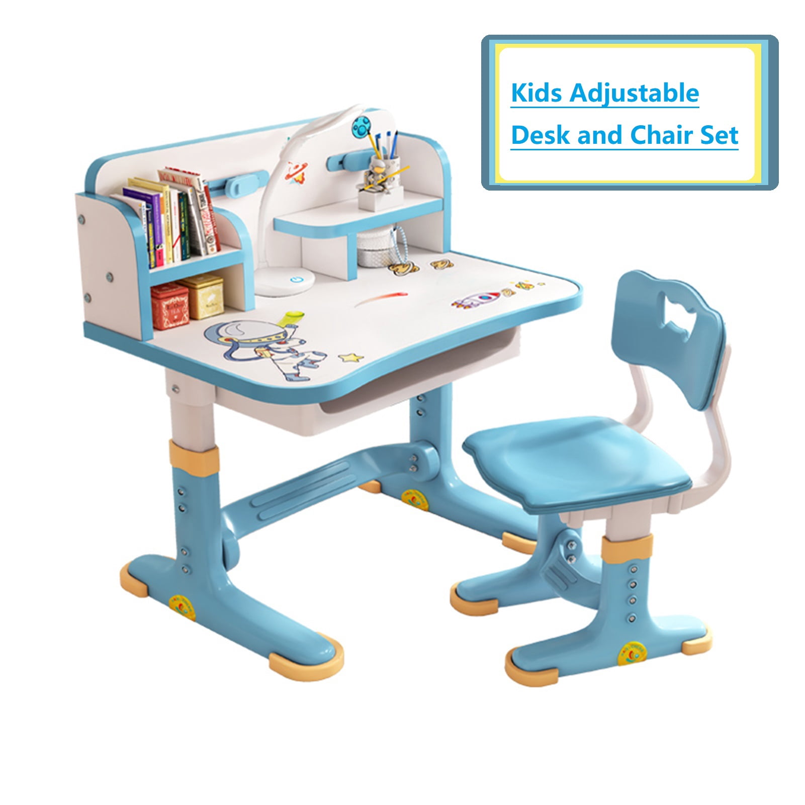 AurumEdge Study Desk with Chair for Kids 3-12, 37.4"- 39.8" Height Adjustable Kids Functional Desk & Chair Set (Blue)