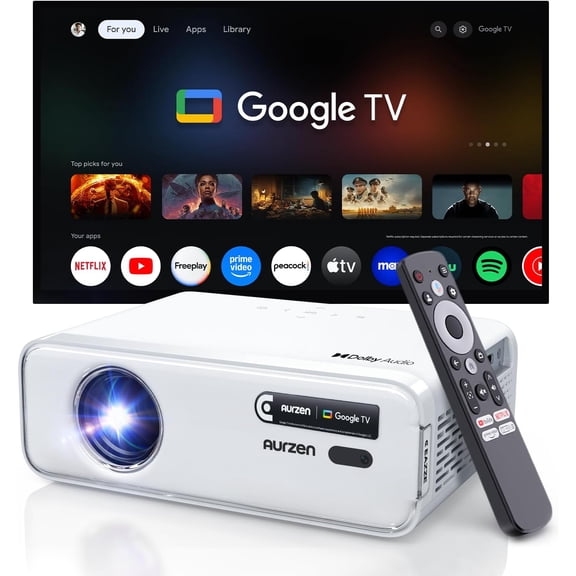 Aurzen Roku TV Smart Projector with Wifi and Bluetooth, Roku TV Built-in, 1080P FHD, DoIby Audio, Auto Focus & Keystone, Zoom, Movie Portable Outdoor Mini Projector for Soccer Football Game, White