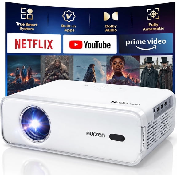 Aurzen Roku TV Smart Projector with Wifi and Bluetooth, Roku TV Built-in, 1080P FHD, DoIby Audio, Auto Focus & Keystone, Zoom, Movie Portable Outdoor Mini Projector for Soccer Football Game, White