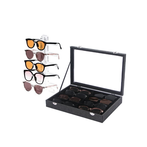 Ausalivan 8 Grid Sunglasses Eyeglass Organizer Case,Black Linen Glasses Box with Acrylic Holder.