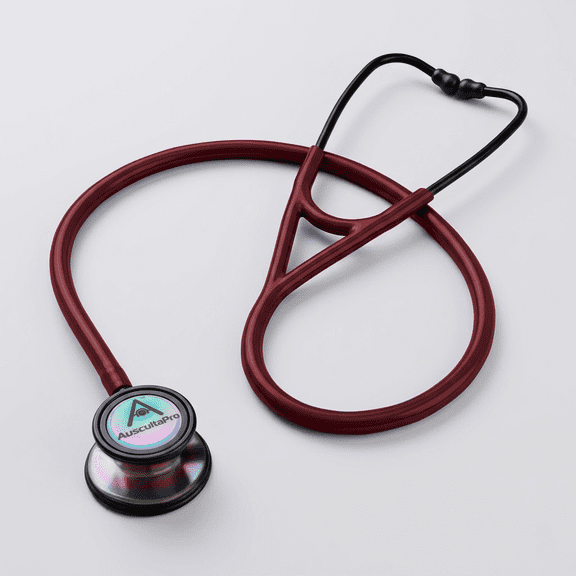 AuscultaPro Clinical Cardiology Stethoscope Dual Tunable Diaphragm for Critical Care with Extra Soft-Sealing Ear Tips, Rainbow Finish Chestpiece, Burgundy Red Tube