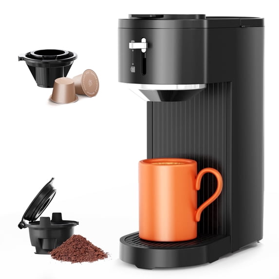 Auseo Single Serve Coffee Maker, Capsules & Ground Coffee, 6 to 14 oz Brew Sizes, One-Press Fast Brewing, Reusable Filters, Adjustable Funnel Height, for Home/Office/Travel, Black