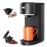 Auseo Single Serve Coffee Maker, Capsules & Ground Coffee, 6 to 14 oz Brew Sizes, One-Press Fast Brewing, Reusable Filters, Adjustable Funnel Height, for Home/Office/Travel, Black