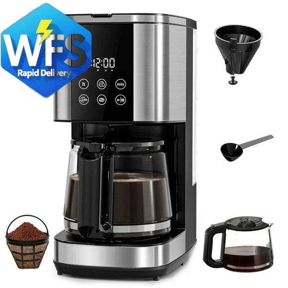 Auseo Drip Coffee Maker with Glass Carafe, Brew Drip Coffee Machine with Programmable, 24H Timer, 2 Coffee Strength Options, 1.5L Water Tank, for Home/Office, Black