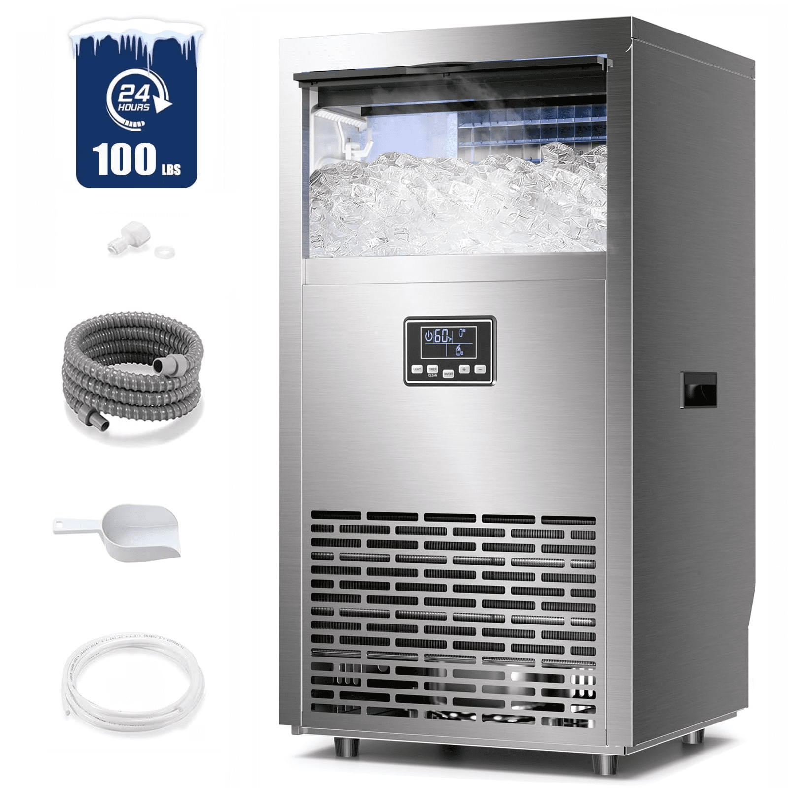 Auseo 100Lbs/24H Commercial Ice Maker, Under Counter Ice Machine with 29lbs Storage Bin, Self-Cleaning & Adjustable Thickness, Stainless Steel