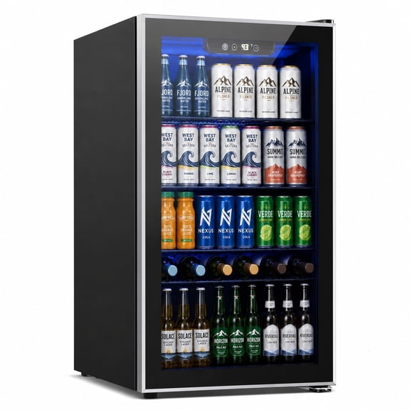 Auseo 126 Can Beverage Refrigerator and Cooler with Glass Door for Home/Office/Bar,19.29 in D, 30.79 in H,Black