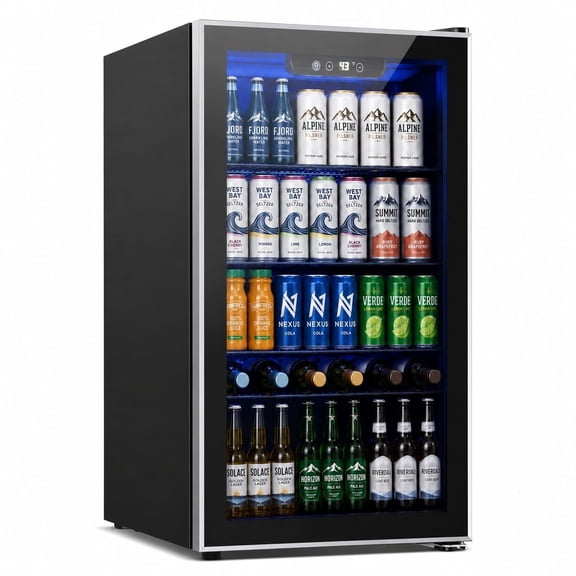 Auseo 126 Can Beverage Refrigerator with Glass Door,mini beverage fridge for Home/Office/Bar,19.29 in D, 30.79 in H,Black