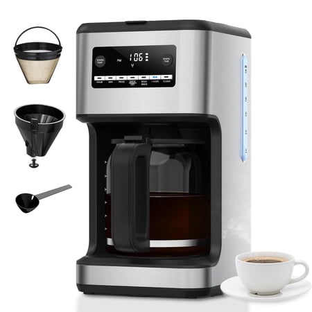 Auseo 14-Cup Programmable Drip Coffee Maker, Tea maker - 24Hr Brew Scheduling, Bold Brew & Self-Cleaning, 1050W Fast Brewing w/Large Glass Carafe & Reusable Filter for Home/Office (Stainless Steel)