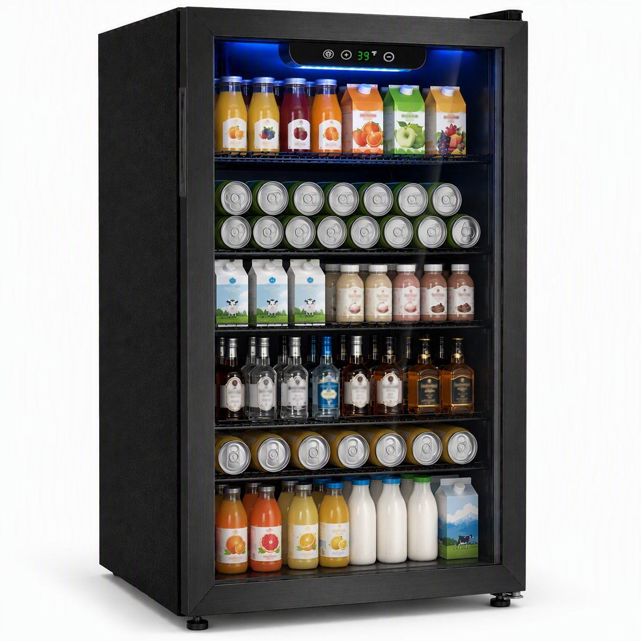 Auseo 140 Cans Beverage Refrigerator Cooler, Mini Fridge, Black Glass Door, Adjustable Shelf, Bar/Office/Home, Black