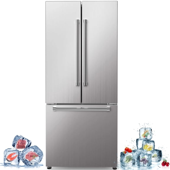 Auseo 17.5 cu ft French Door Refrigerator with Side-by-Side Door Storage, Bottom Freezer & Auto Ice Maker, Inverter Compressor, Multi-Airflow Cooling, LED Touch Display, Smudge-Proof Stainless Steel