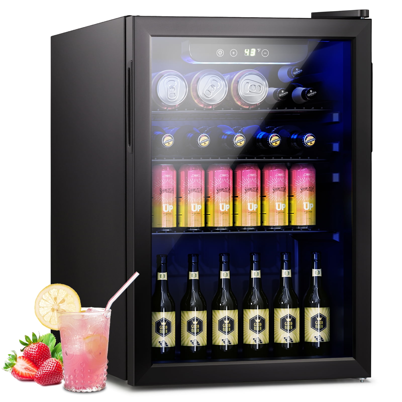 Auseo 2.4 Cu.Ft. Refrigerator Beverage Cooler - 85 Cans, Glass Door, for Soda Beer or Wine, Small Beverage Dispenser for Home/Office/Bar - Black