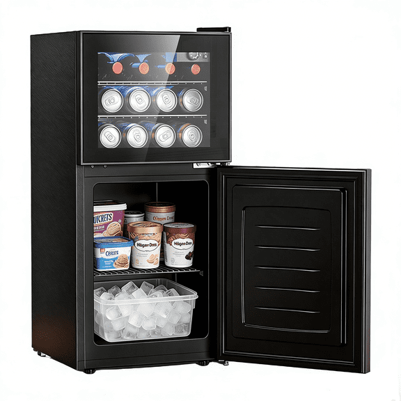 Auseo 2.6 Cu.ft. Wine Coolers with Freezer,2-Door Freestanding Small Beverage Refrigerator,Mini Fridge for Home/Office/Bar