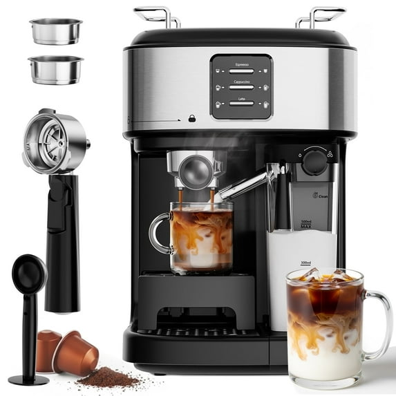Auseo 20 Bar Espresso Machines, Espresso Coffee Maker with Milk Frother Steam Wand, Ground Coffee & Capsules, Black and Stainless Finish, Espresso/Cappuccino/Latte/Mocha for Home