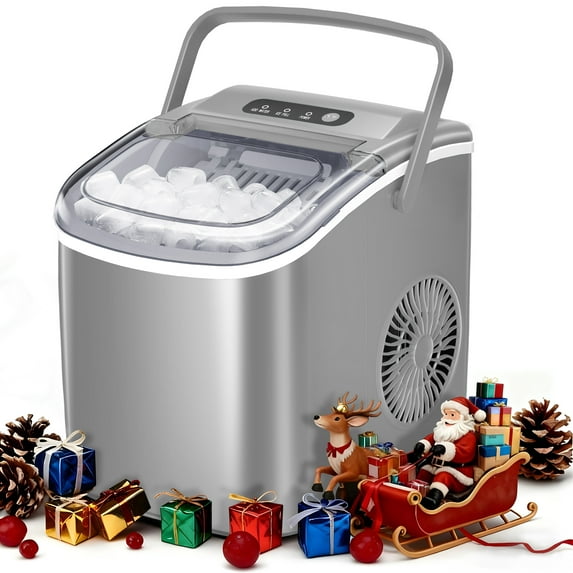 Auseo 26 lbs/24H Countertop Ice Maker Machine, 9 Bullet-Shaped Ice in 6 Min, Auto-Cleaning, Gray