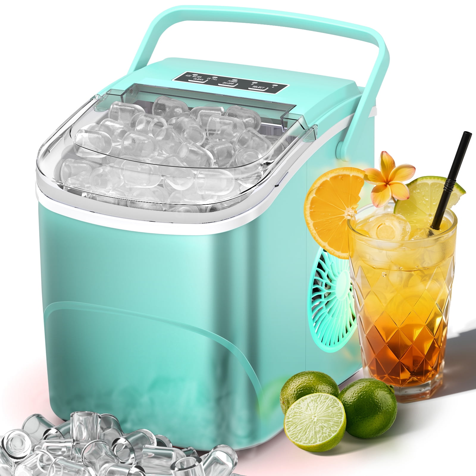 Auseo Countertop Ice Maker Machine 26 lbs/24H, 2 Sizes of Bullet Ice, 9 Bullet-Shaped Ice in 6 Min, Auto-Cleaning, Green