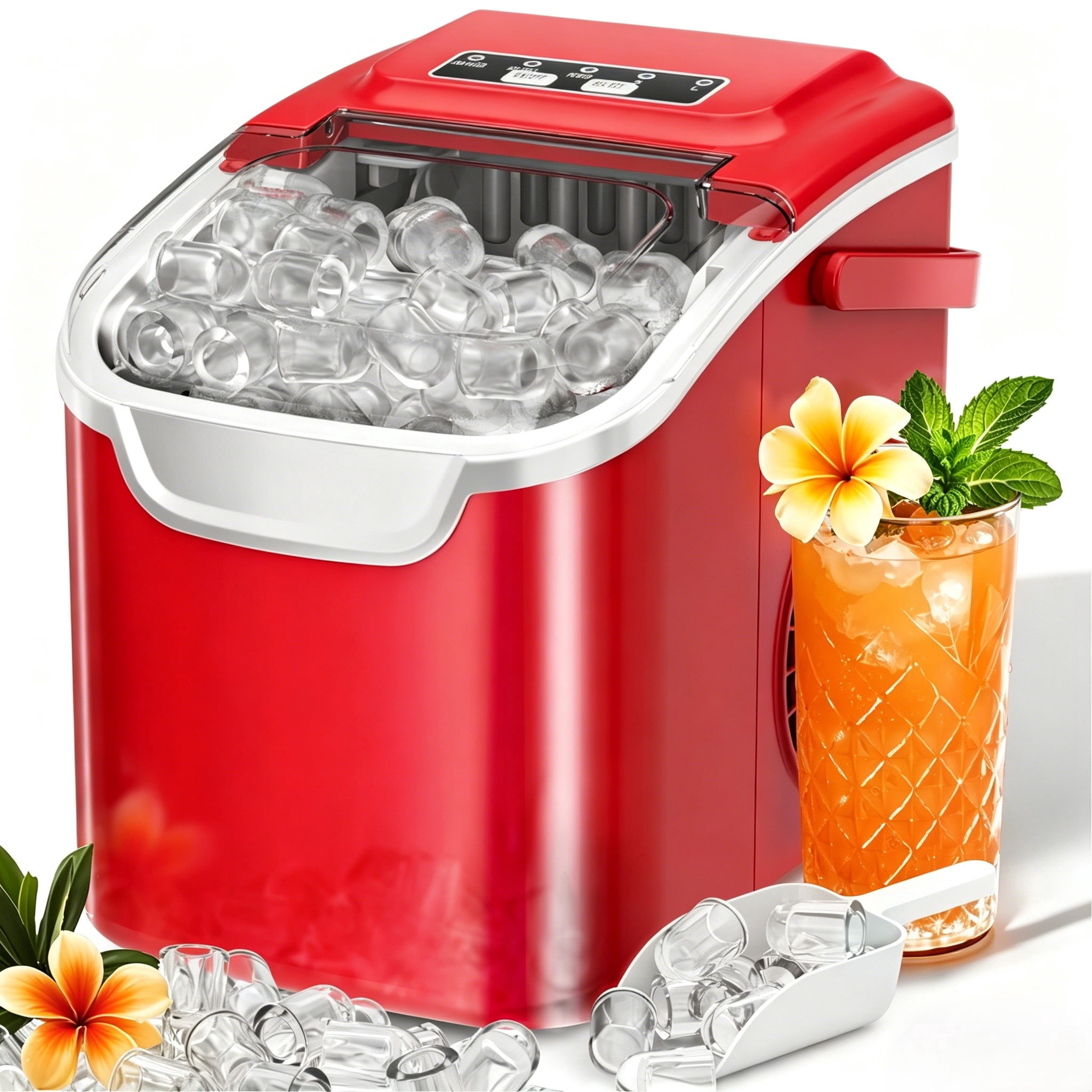 Auseo Countertop Ice Maker Machine 26lbs/24H, 2 Sizes of Bullet Ice, 6 Mins/8 Bullets of ice, Self-Cleaning, Red