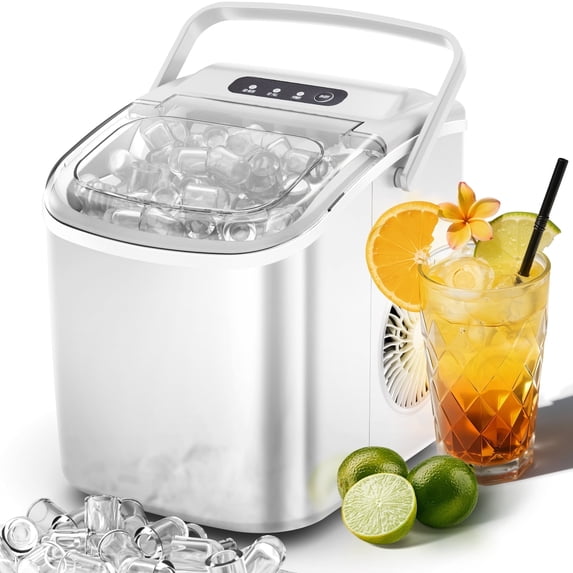 Auseo Countertop Ice Maker Machine 26lbs/24H, 6 Mins/9 Bullets of ice, Self-Cleaning, White