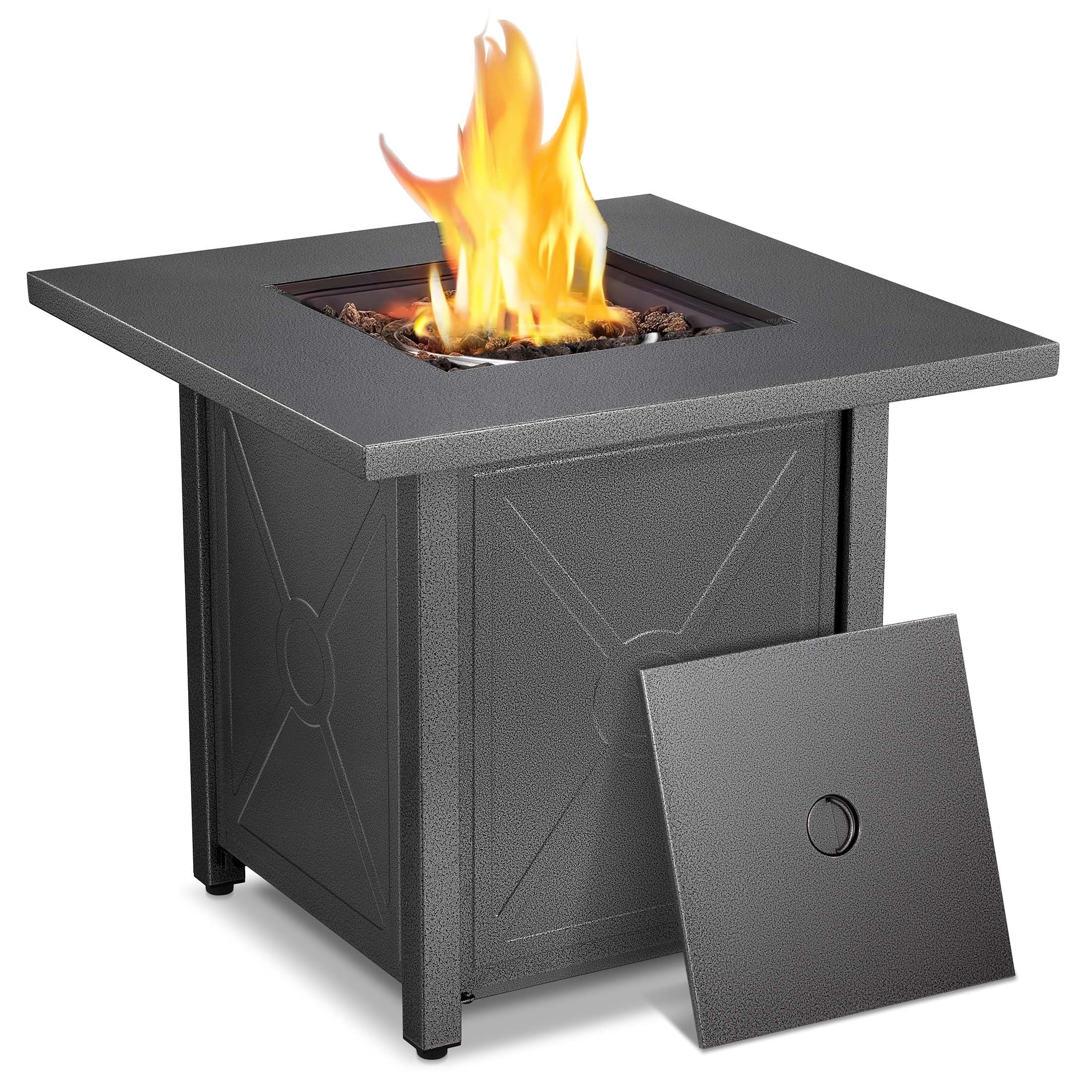 LHRIVER 28" Outdoor Propane Fire Pit Table, 50000 BTU  Steel Gas Fire Pit with Removable Lid, Lava Rocks & Rain Cover