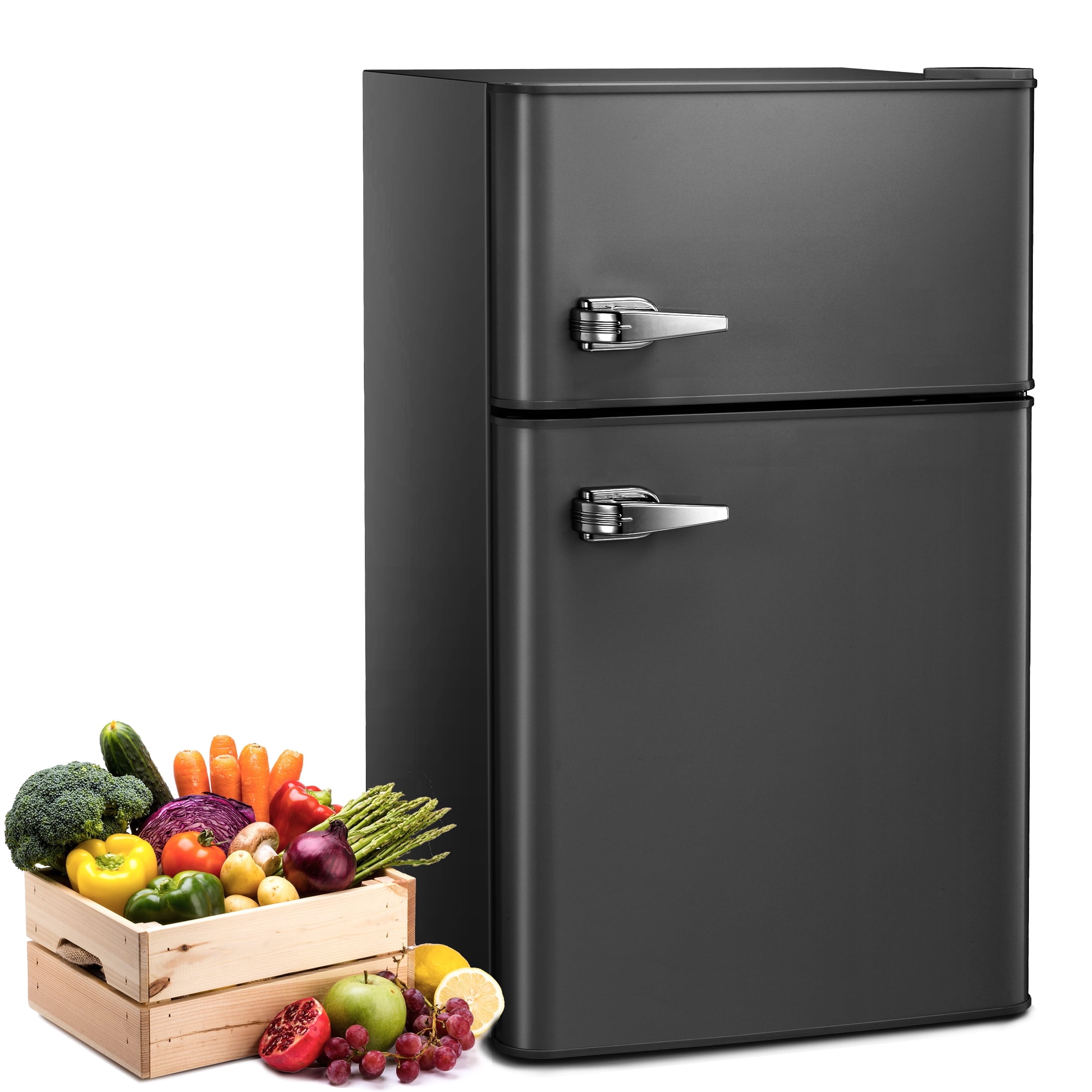 Auseo 3.1 Cu.Ft Double Door Mini Fridge with Freezer, Compact Retro Refrigerator for Dorm, Office, Bar, Bedroom, Black